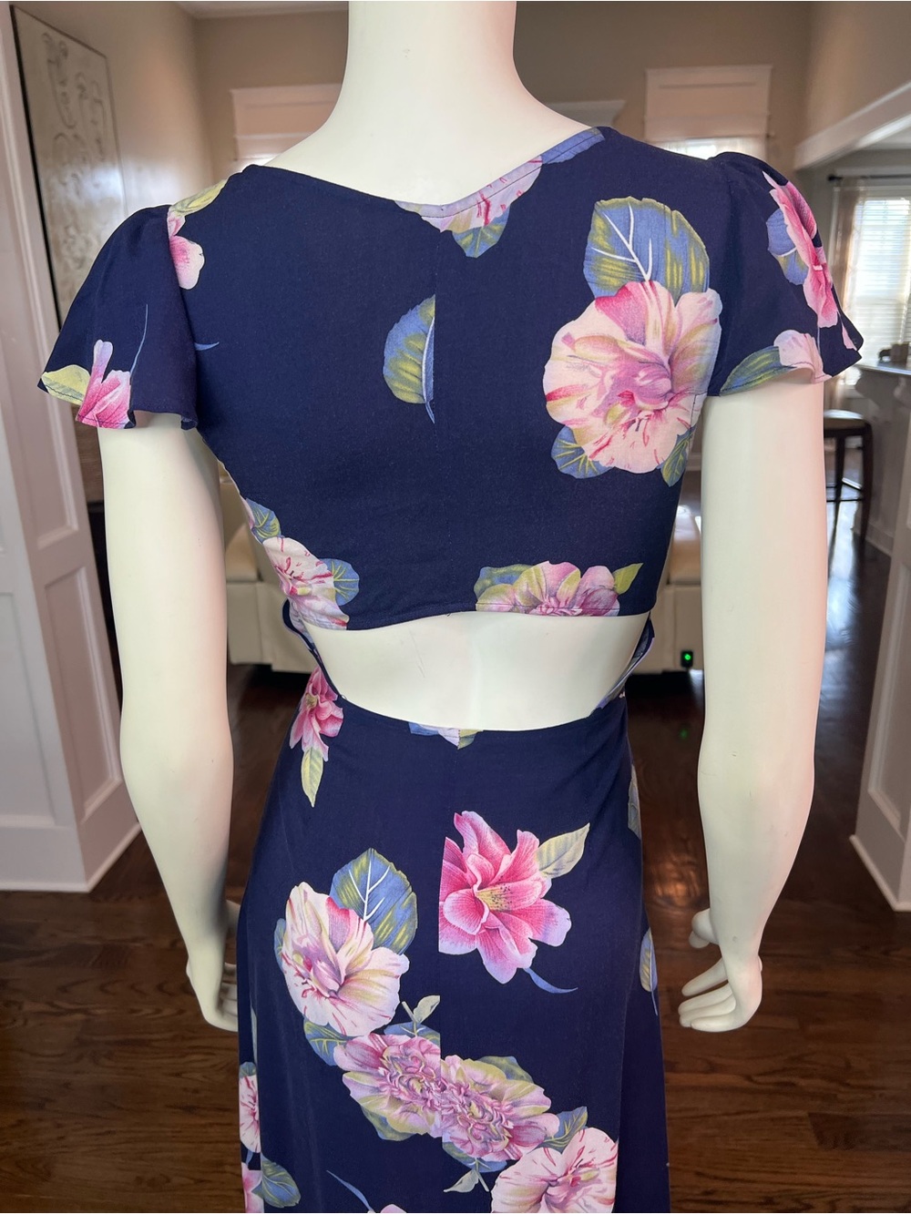 Reformation Navy Floral Tie-Front Maxi Dress with Pink Blooms - Picture 6 of 15